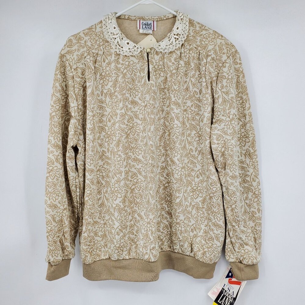 NWT Vintage Cricket Lane Brown Floral Lace Neck Lagenlook Grandma Shirt XL‎